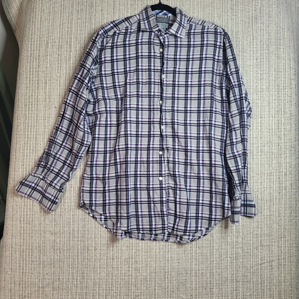 Thomas Dean Shirt Mens Large Purple‎ Gray Plaid Button Down Long Sleeve Casual